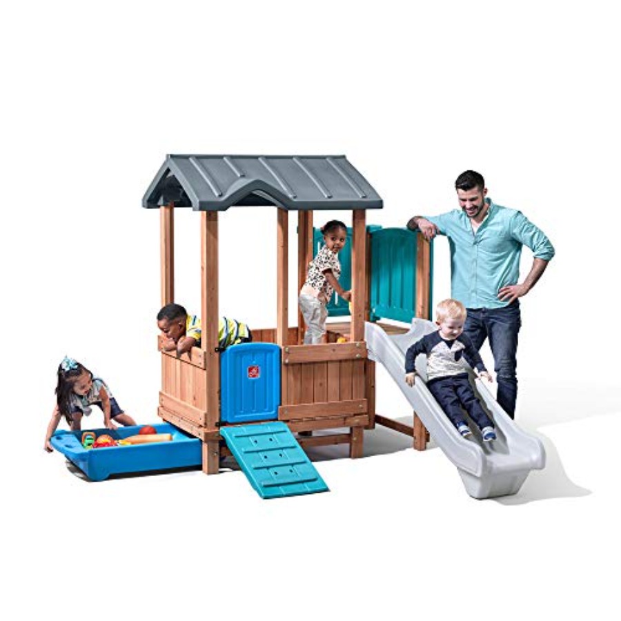 Kids Outdoor Playhouse - Drewniany domek do zabawy i zjeżdżalnia,